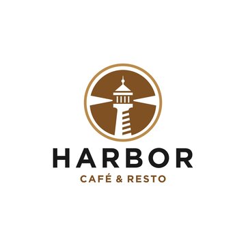 Lighthouse Beacon Searchlight Harbor Logo Design In Trendy Linear Line Icon Style For A Cafe Business And Restaurant