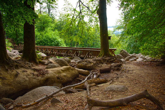 Holzbr&uuml;cke im Felsenmeer
Felsenlandschaft aus dunkelgrauem Quarzdiorit &ndash; Naturschutzgebiet
Deutschland / Hessen
Lautertal-Reichenbach im Odenwald