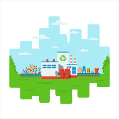 Garbage recycling plant on a background of blue sky and green grass. Concept environmentally friendly, waste-free production of things from recycled plastic, metal and paper. Flat vector illustration