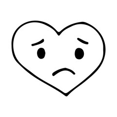 Doodle sad emoticon icon in hearth shape. Hand drawn sad emoticon icon in vector