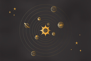 Solar system in outline style. Vector illustration of planets and stars in golden gradient on black background. Astronomy concept. Design element for clipart, prints, logotypes, icons. Top view.