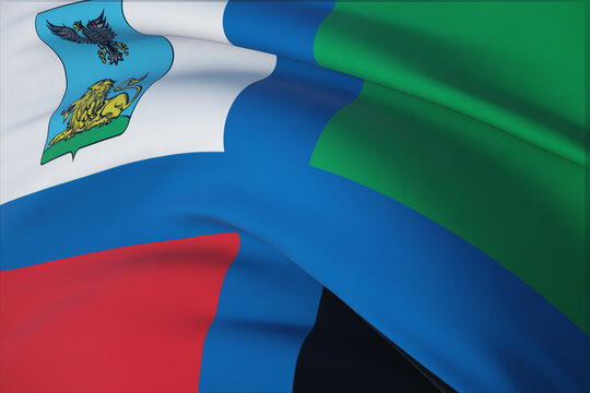 Flag of Belgorod Oblast. 3D illustration close-up flag background. Flags of the federal subjects of Russia.