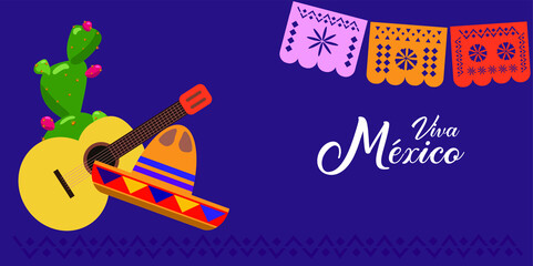Mexico independence day celebration horizontal banner vector illustration. Text in Spanish: Long live Mexico