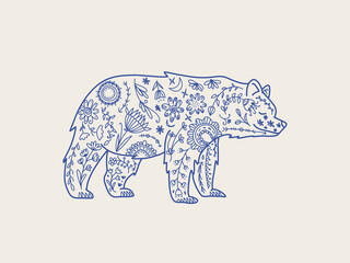 Skandinavian folk animal. Bear folk graphic element in line style with ornate decoration, symbols, floral pattern. 