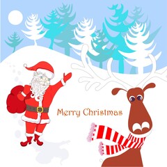 Santa Claus deer ink cute colorful banner Merry Christmas. Art design element on blue fir forest background hand drawn design element for web, for print