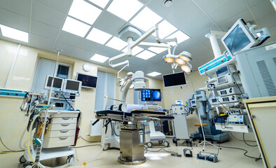 Modern equipment in operating room. Medical devices for neurosurgery. Background. Operating theatre. Selective focus.