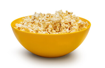 Yellow bowl with popcorn isolated on white.