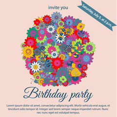 Invitation card with bright flowers, floral frame, vector illustration