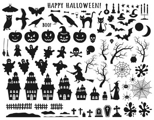 Set of Halloween black icons with witch, cat, raven, hat, ghosts, bats, candle, pumpkin, spider, cobweb, skull and bones. Vector illustration in flat style isolated  over white background