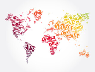Fototapeta na wymiar Respect word cloud in shape of world map, concept background