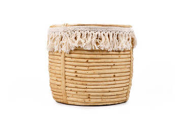 Boho style flower pot with cotton tassel isolated on white background