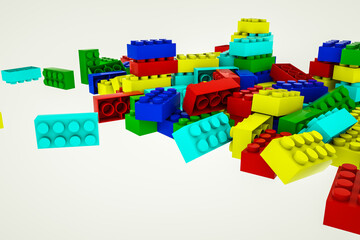 multicolored three-dimensional parts of the children's constructor on a white background. 3d render illustration