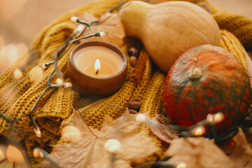 Pumpkins, autumn leaves, spices and candle on cozy knitted sweater in warm yellow lights. Happy...