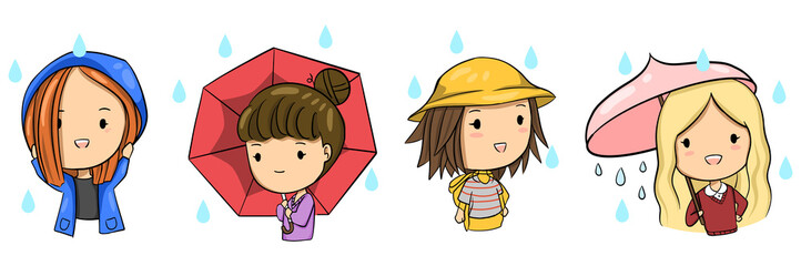cute kawaii style illustration vector of cute girls wearing raincoat, slicker, hat and use umbrella while it is raining