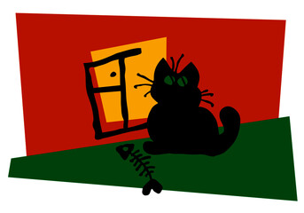 Fototapeta premium Stylized image of a black cat sitting by the window. Vector image for illustration.
