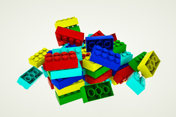 multicolored three-dimensional parts of the children's constructor on a white background. 3d render illustration
