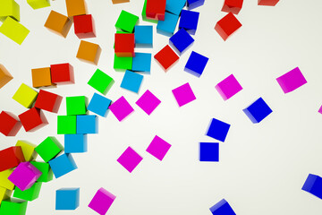 Obraz premium multicolored three-dimensional cubes scattered on a white background. 3d render illustration