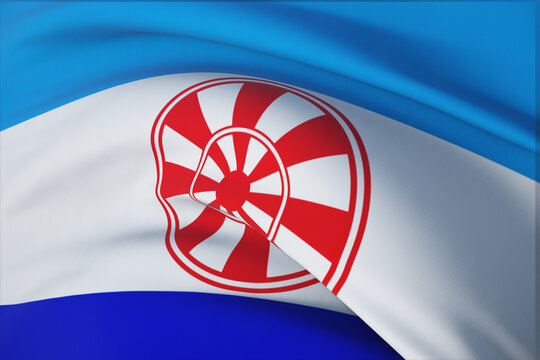 The flag of Evenk Autonomous Okrug. 3D illustration close-up flag background. Flags of the federal subjects of Russia.