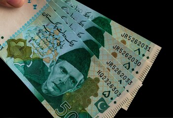 Pakistani currency note of 500 closeup, Isolated on black background