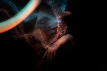 lightpainting portrait, new art direction, long exposure photo without photoshop, light drawing at long exposure