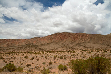 Desert landscape. Majestic view of the arid valley and mountains under a beautiful cloudy sky.