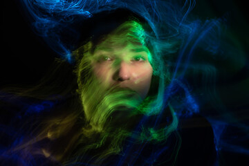 lightpainting portrait, new art direction, long exposure photo without photoshop, light drawing at long exposure