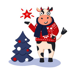Cheerful cartoon bull in a red sweater and scarf with a star and Christmas tree. Vector illustration symbol of 2021. Happy New Year and Merry Christmas! Can be used for postcards, posters, invitations
