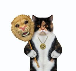A multi colored cat in a gold footprint locket holds lion carnaval mask. White background. Isolated.