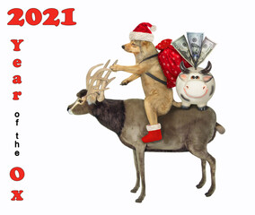 A dog in a Santa Claus hat with Christmas gifts and a money box cow rides a reindeer. White background. Isolated.