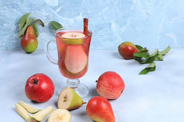 Mulled wine from Apple and pear cider, autumn drink . The concept of diet and weight loss.Fruits help to cleanse the body and boost the immune system. Healthy nutrition, detoxification 