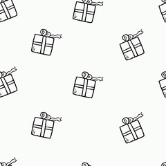 Vector cartoon flat illustration. Seamless pattern with doodle icons of Christmas gifts. New year decorations background.