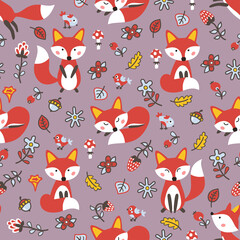 Cute seamless pattern with foxes in the autumn forest. Vector illustration.