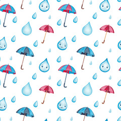 Cute rain water droplet cartoon character seamless pattern. Falling rain drops and flying umbrellas. Blue, red and white color illustration. 
