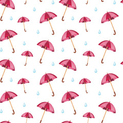 Fototapeta na wymiar Flying red umbrellas seamless pattern. Falling rain drops and flying umbrellas. Red and white color illustration. 