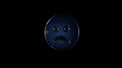 3d rendering glass symbol of frown isolated on black with reflection