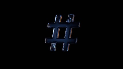 3d rendering glass symbol of hashtag isolated on black with reflection
