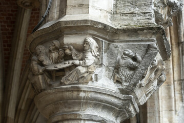historiated lamp-heads depicting tragic scenes involving aldermen on the Grand Place in Brussels,...