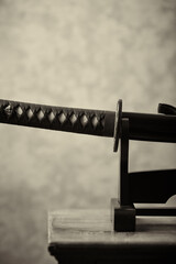 Wakizashi Sword on dark background. Copy space.	