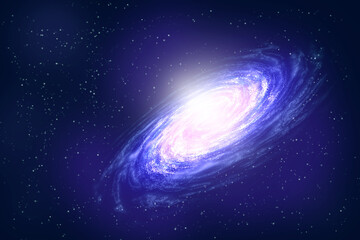 Dark blue space with spiral galaxy and stars.