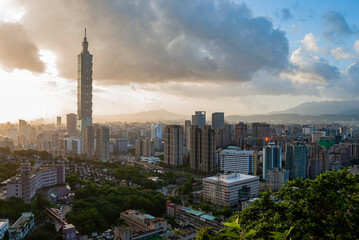Fototapeta na wymiar Sunset high angle view of the cityscape of Xinyi District