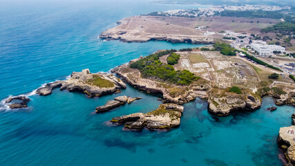Aerial view of the Torre di Maradico in Roca Vecchia, on the Salento Peninsula in the south if...