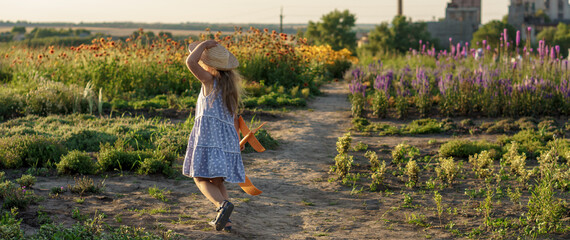 childhood, provence style concept - banner 3 year old blonde little girl kid in blue dress and straw hat slavic appearance run along path with toy plane on lavender field on summer sunset copy space
