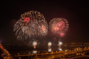 High angel view of the fireworks celebration with Zhongxiao Bridge and Tamsui River