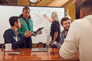 Young female leading group of young co-workers in a discussion of brand strategy, in a conference room with digital tablets and laptop in front of dry erase board with flowchart and calendar ..