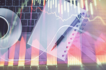 Multi exposure of forex chart drawing and work table top veiw. Concept of financial analysis.