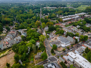 Aerial of overhead view of historic city New Hope Pennsylvania the small town residential suburban area
