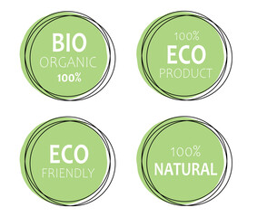 Set of four labels with the inscription. Collection vector flat illustration. Green eco food badges.