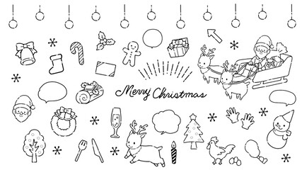 手書き　シンプルでかわいいクリスマス素材のイラストセットの線画