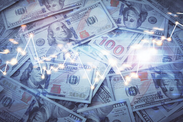 Double exposure of forex graph drawing over us dollars bill background. Concept of financial markets.