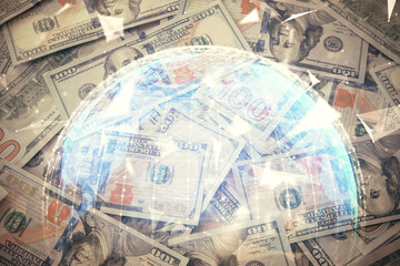 Multi exposure of business theme drawing over us dollars bill background. Concept of financial success.